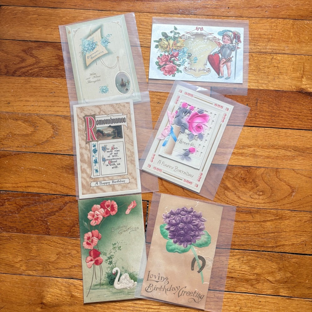 Vintage Antique Postcard Lot 6 Birthday Remembrance Floral Swan Embossed 1911